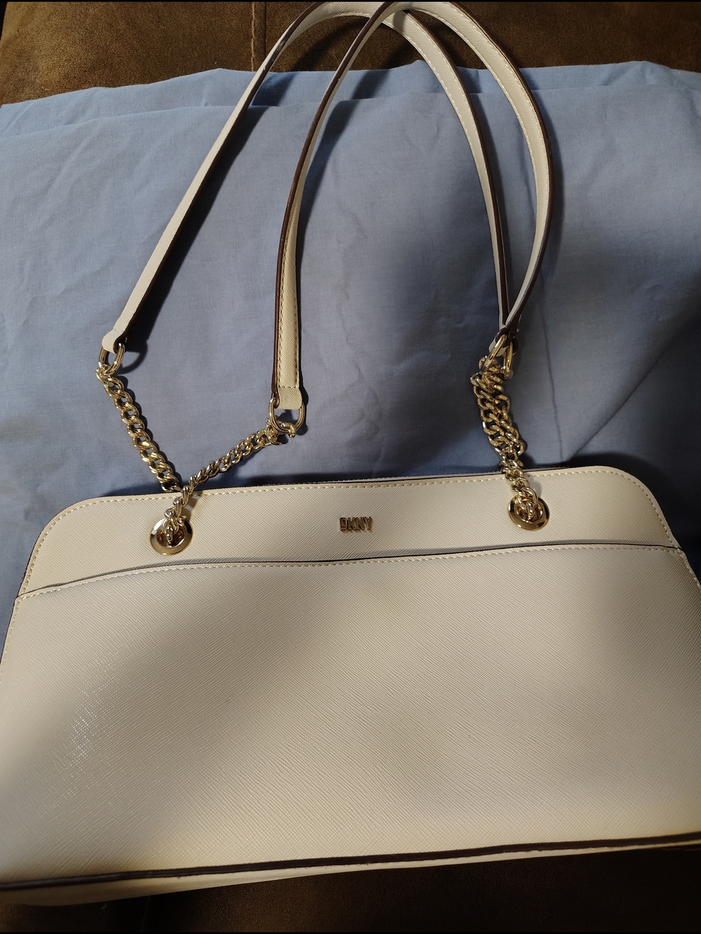 DKNY Cream Saffiano Leather Shoulder Bag with Gold Chain Straps